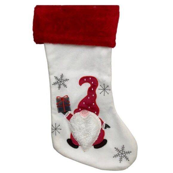 Christmas Stocking Santa Gnome Embroidery Embellishments 17 inches White Red - Picture 1 of 14